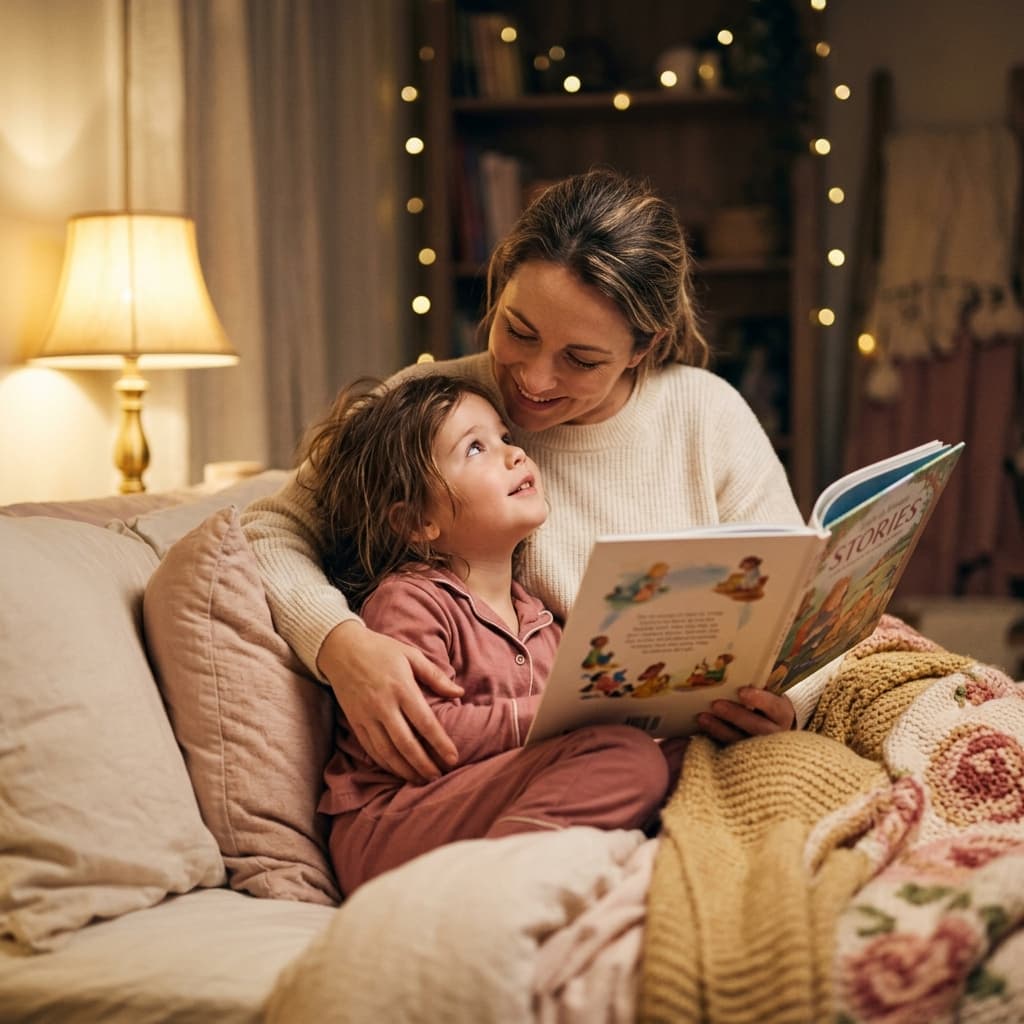 Mother reading to child in cozy bed